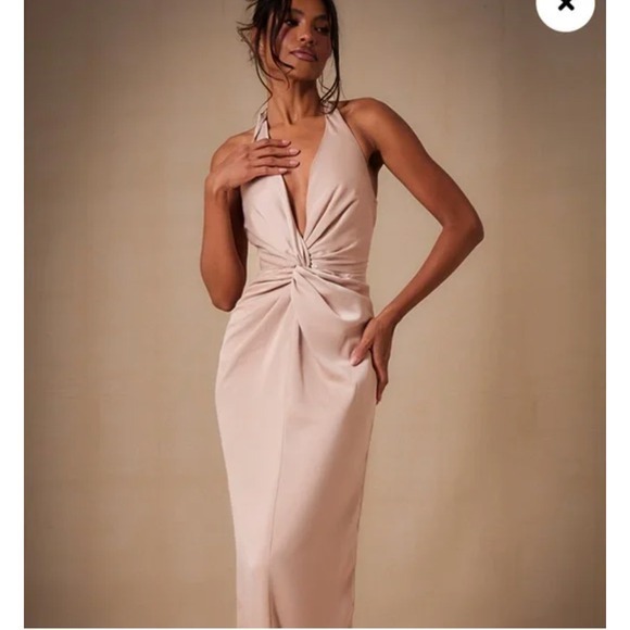 PrettyLittleThing Dresses & Skirts - NWT PrettyLittleThing Champagne Satin Twist Plunge Halter neck Maxi Dress US 6